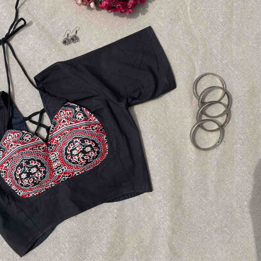 Black Ajrakh Tukki Cotton Blouse - 800 - FAL10192