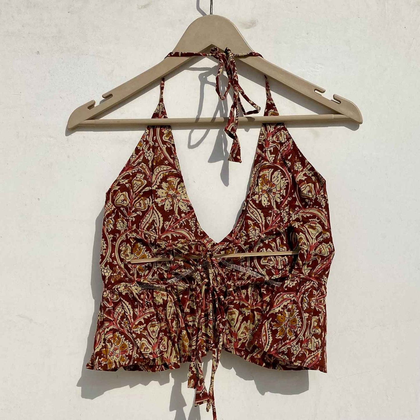 Brown Kalamkari Frill and Back Knot Removable Pads Bra - KJ0963