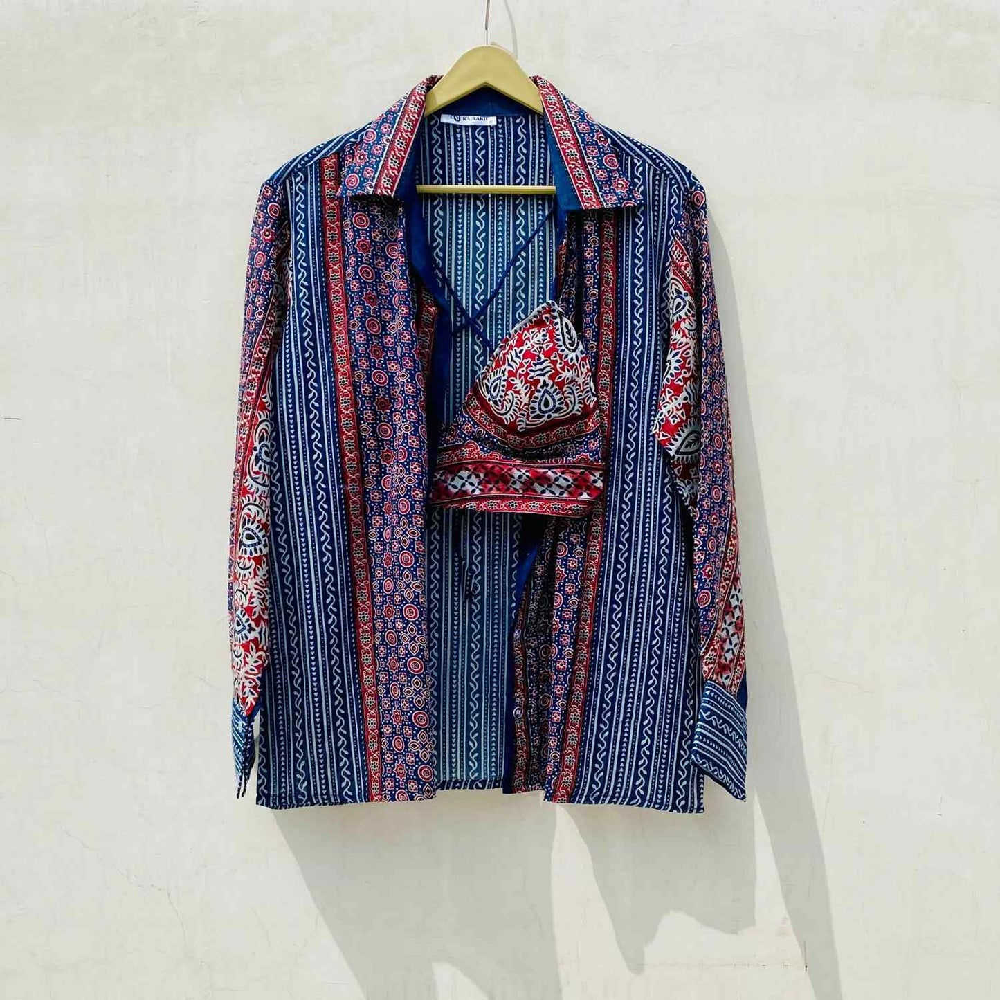Indigo Ajrakh Shirt and Bra Combo - KJ10073