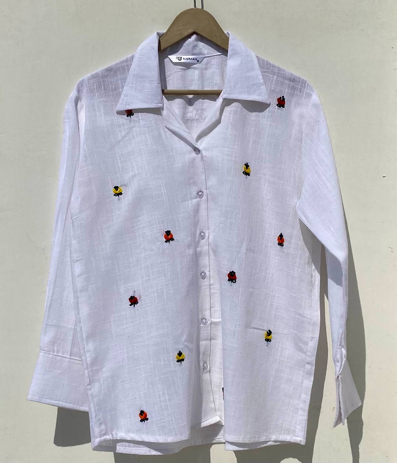 White Floral Embroidery Cotton Women Shirt - KJ0914