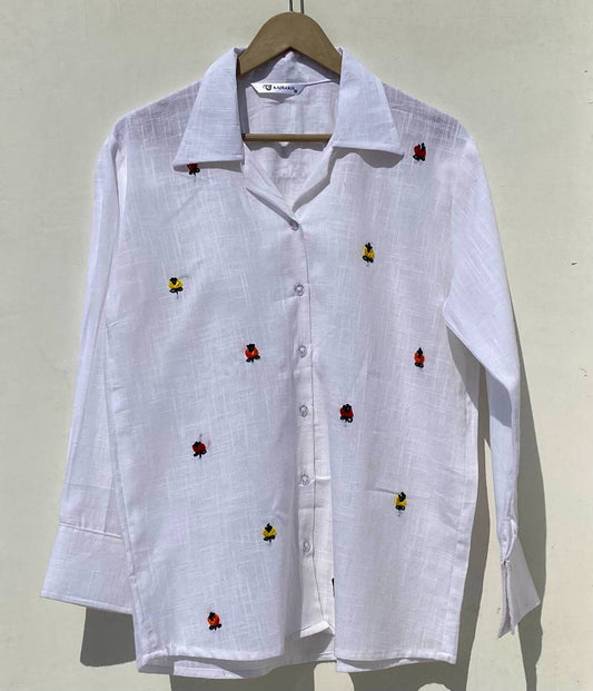 White Floral Embroidery Cotton Women Shirt - KJ0914