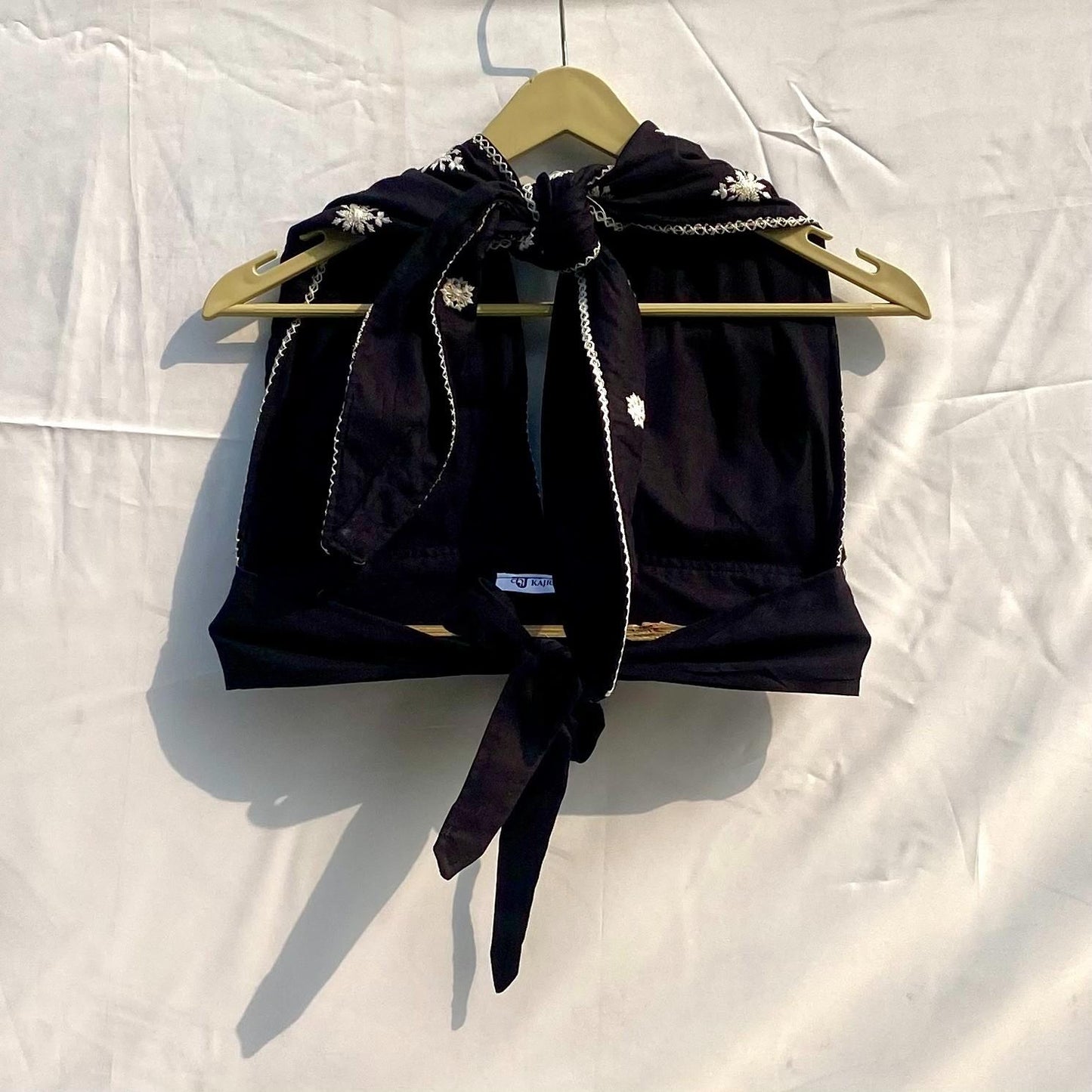 Black Paisley Embroidery Halter Neck and Back Knot Padded top - KJ10283