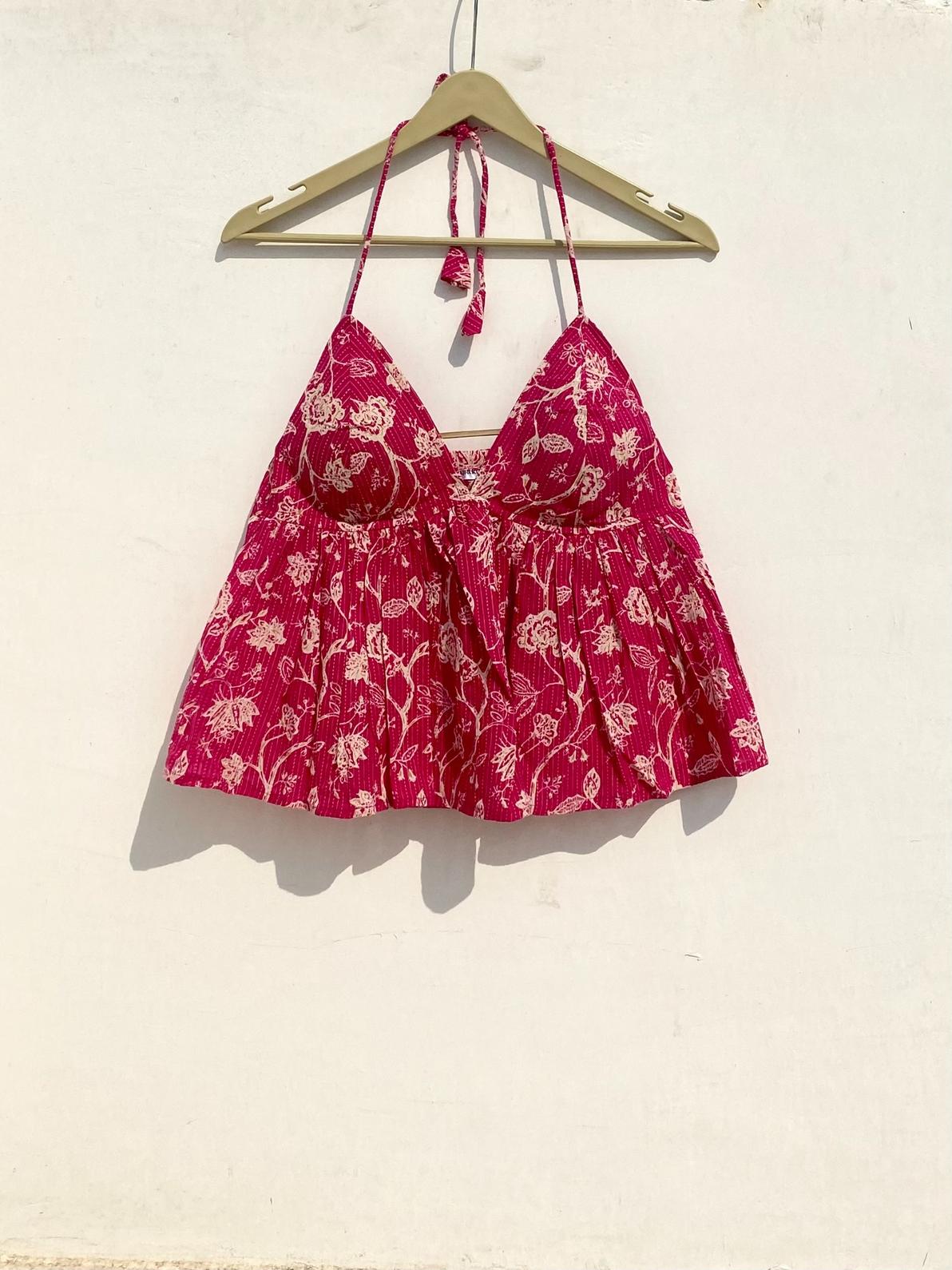 Pink Floral Katha Tree Removable Pads Top - KJ10015