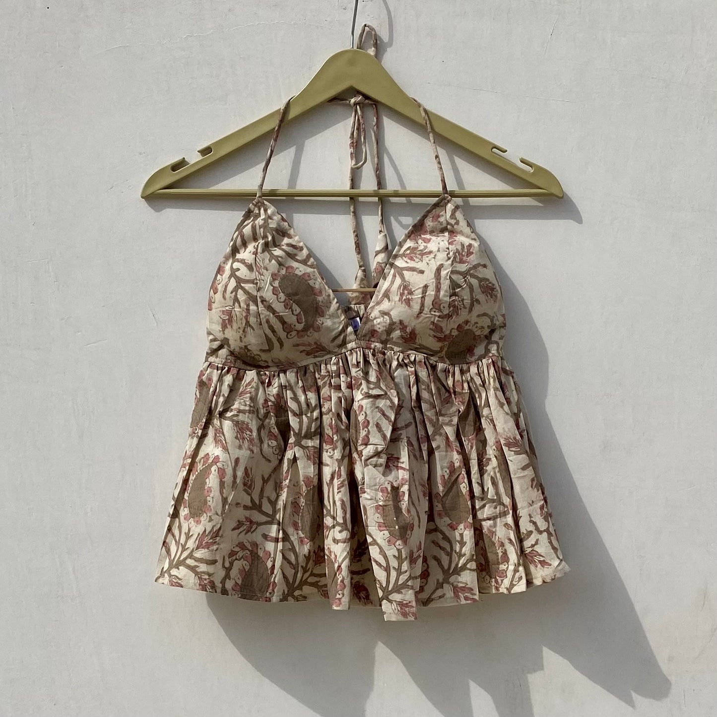 Beige Brown Paisley Handblock Tree Removable Pads Top - KJ10025