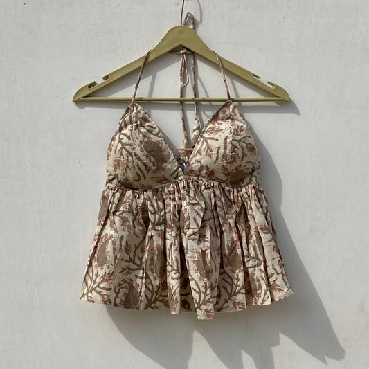 Beige Brown Paisley Handblock Tree Removable Pads Top - KJ10025