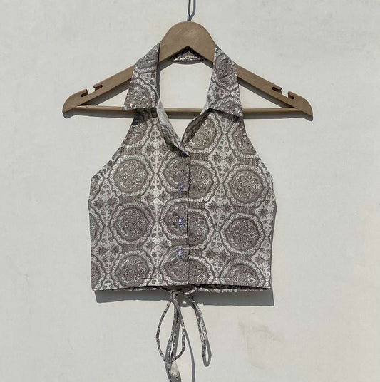 White Grey Pattern Coraller Criss Cross Crop Shirt - KJ0919
