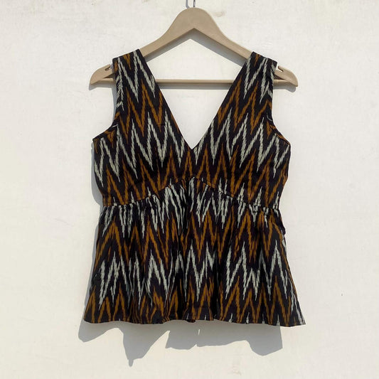 Black Ikat Deep Neck Cut Sleeves Removable Pads Cotton Top - KJ0944