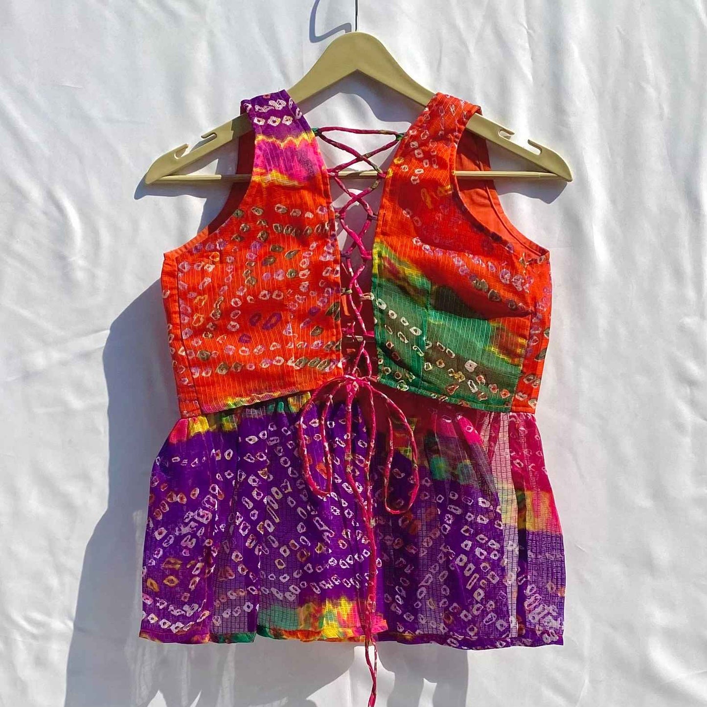 Multicolor Bandhej Deep V Neck and Back Criss Cross Kota Doria Removable Pad Kurti Top - KJ10335