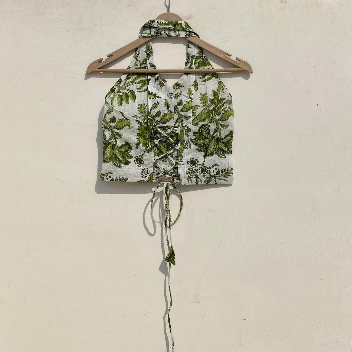 White Green Floral Coraller Criss Cross Crop Katha Shirt - KJ10017