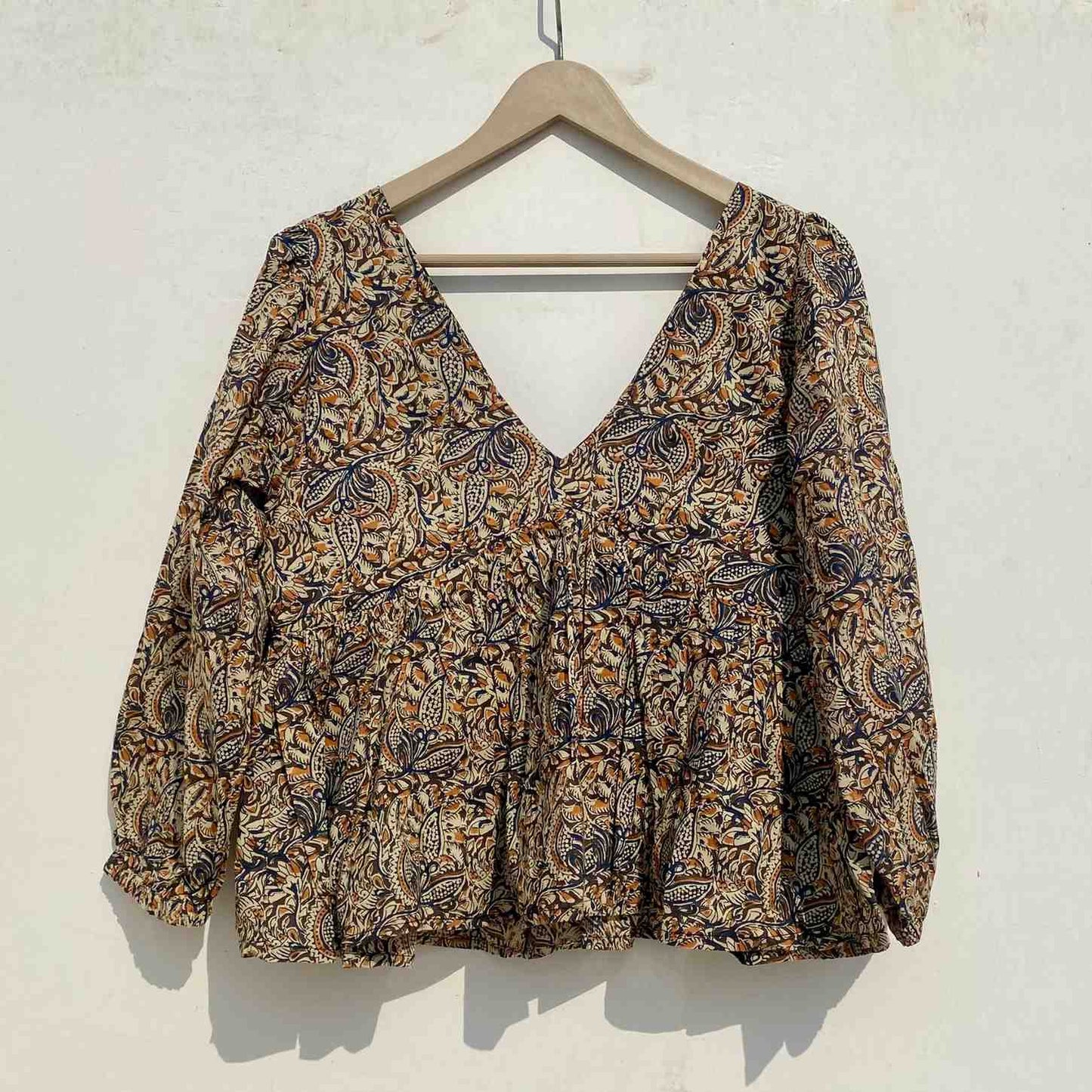 Black Kalamkari Deep Neck Full Puff Sleeves Cotton Top - KJ0945