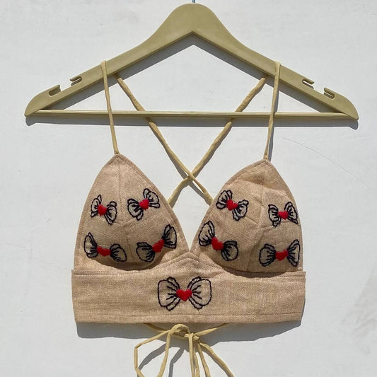 Jute Butterfly Embroidery Removable Pads Bra - KJ0926
