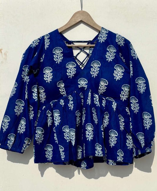 Blue Big Floral Butti Deep V Neck Full Sleeves Puff Criss Cross Removable Pads Top - KJ0900