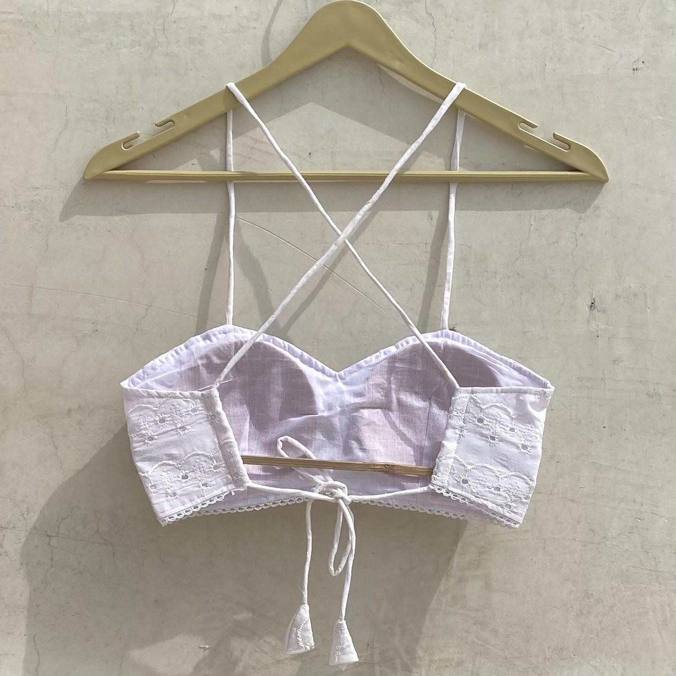 White Chikan Noodle Straps Removable Pads Top Bralette - KJ10179