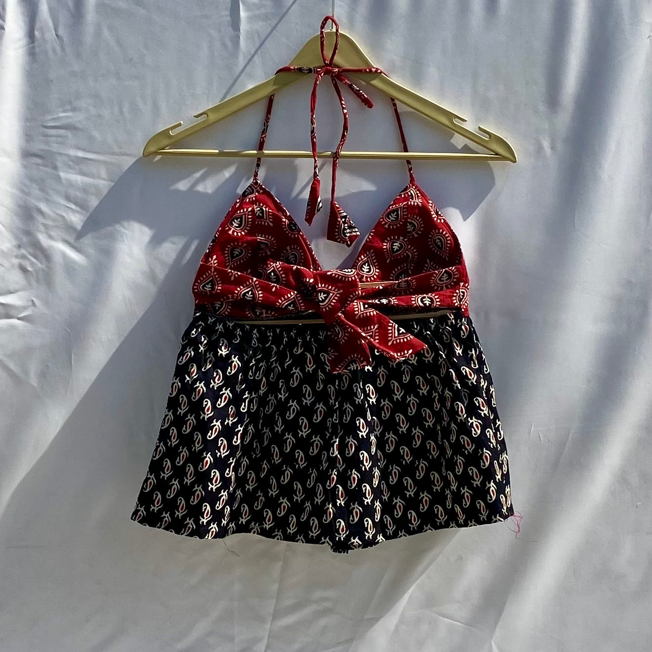 Red With Black Paisley Halter Neck Back Knot Tree Pure Handblock Top - KJ10355