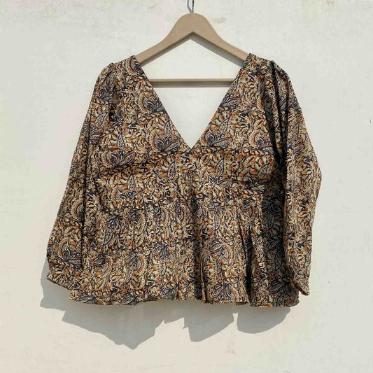 Black Kalamkari Deep Neck Full Puff Sleeves Cotton Top - KJ0945