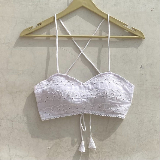 White Chikan Noodle Straps Removable Pads Top Bralette - KJ10179