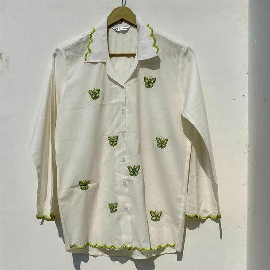 White Neon Green Butterfly Handwork Slub Women Shirt - KJ0916