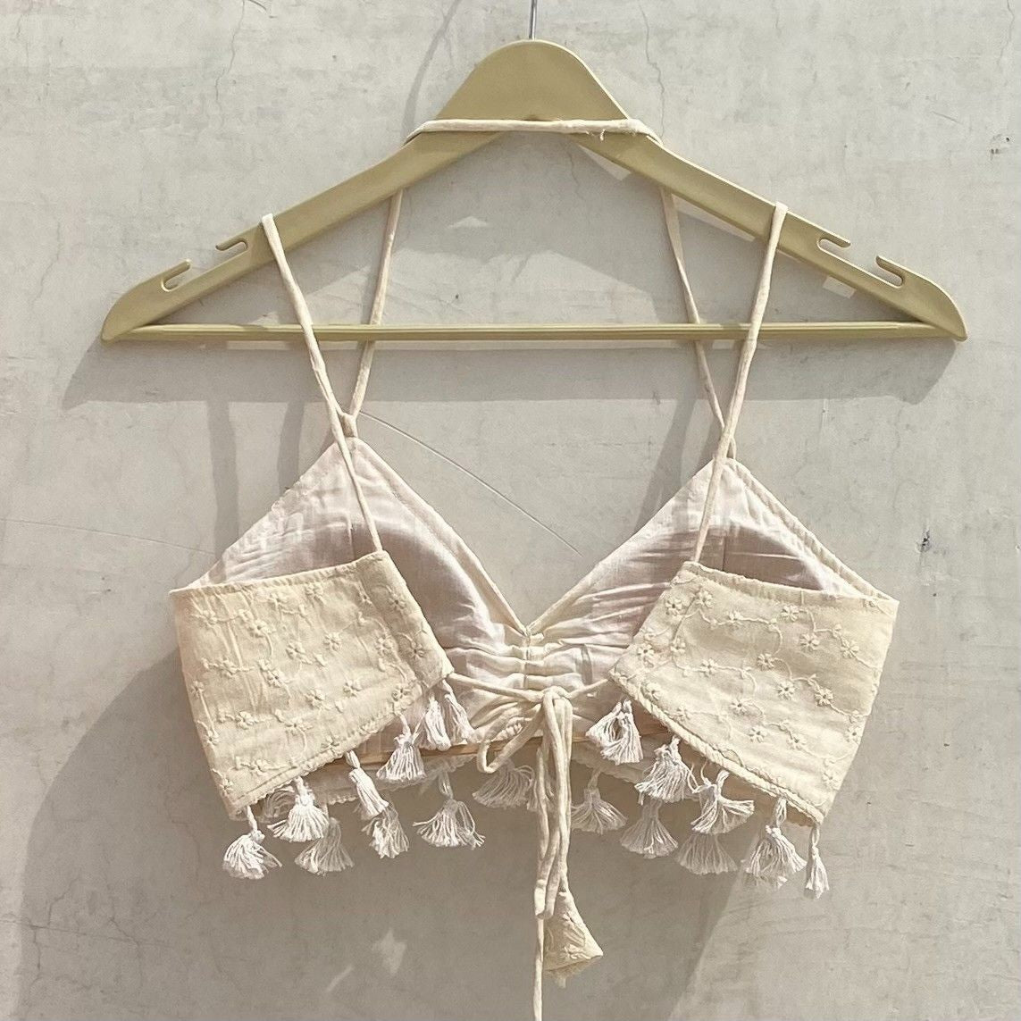 Off White Chikan With Pom Pom Removable Pads Top Bralette - KJ10180