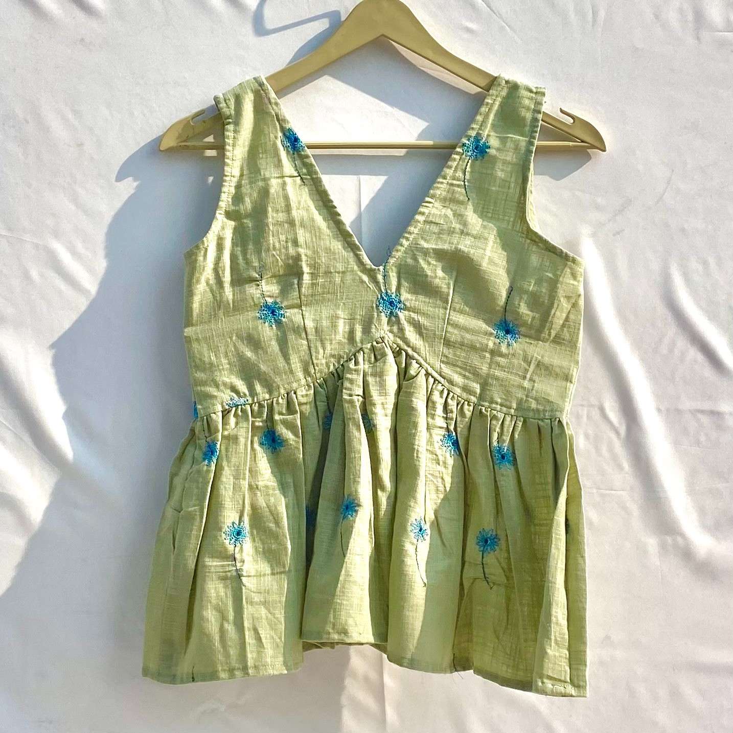 Sea Green Deep V Neck Floral Embroidery Cut Sleeves Top - KJ10311