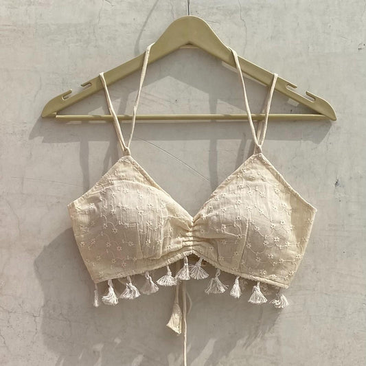 Off White Chikan With Pom Pom Removable Pads Top Bralette - KJ10180