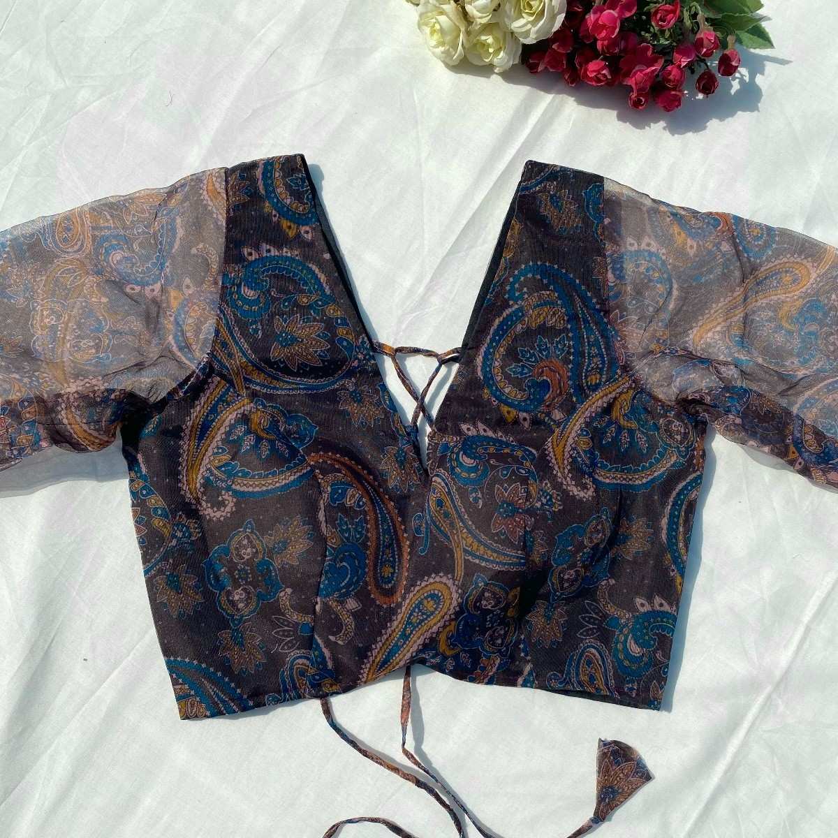 Black Floral Pialsey Organza Blouse - 700 - FAL10082