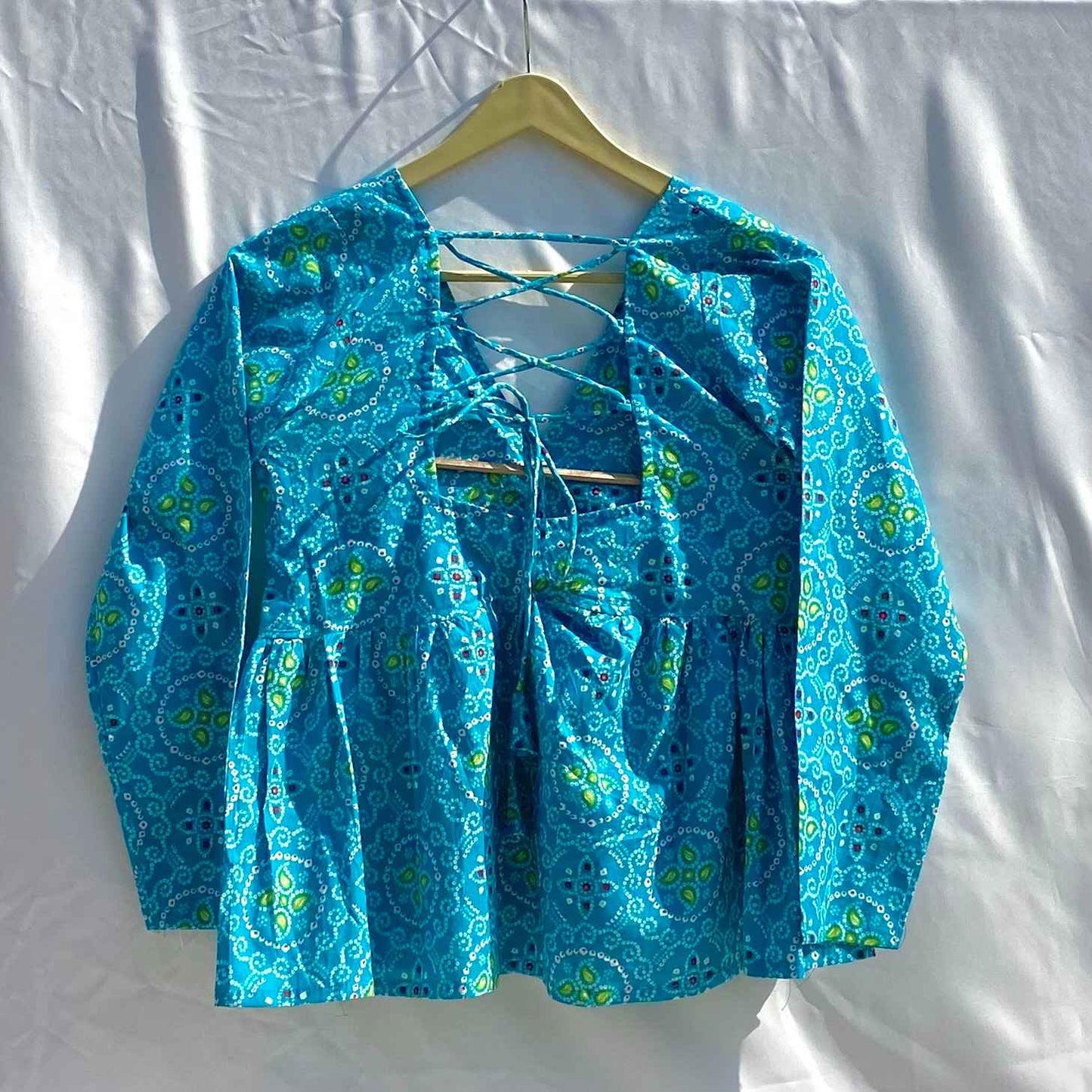 Blue Bandhej Hand Work Embroidery Deep V Neck and Back Criss Cross Full Sleeves Cotton Removable Pad Kurti Top - KJ10348