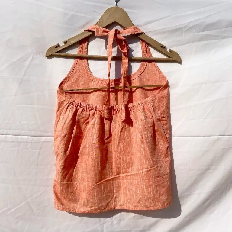 Peach Round Halter Neck Khadi Cotton Top- KJ0057