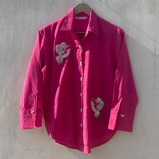 Pink Peacock Patch Embroidery Slub Women Shirt - KJ10197
