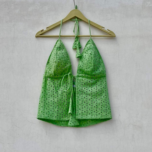 Green Chikan Front Knot & Open Tree Removable Pads Top - KJ10077