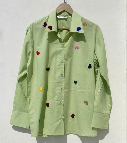 Neon Green Dil Embroidery Slub Women Shirt - KJ0915