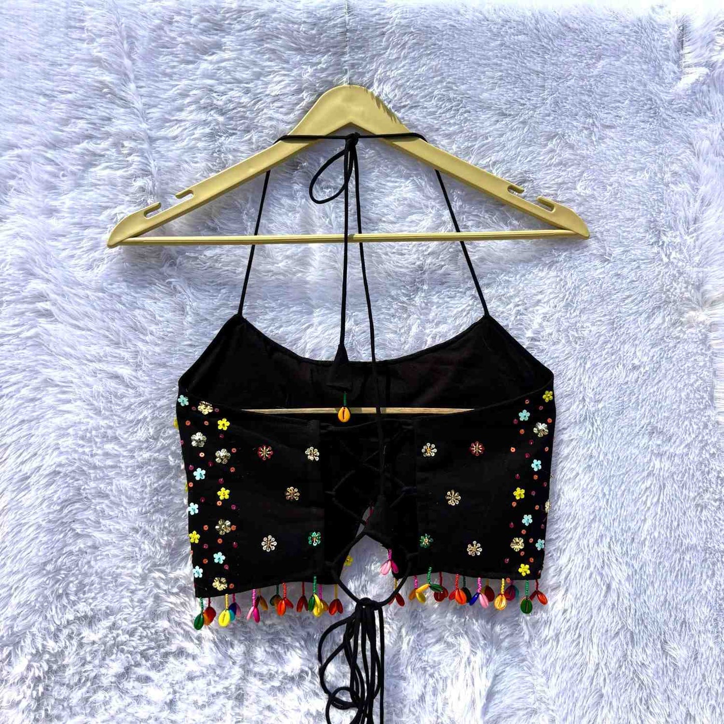 Black Multicolor Sequin Hand work Navratri Padded Top - KJ10383