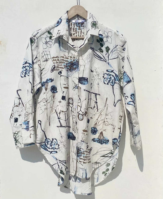White Abstract Cotton Women Shirt - KJ0912