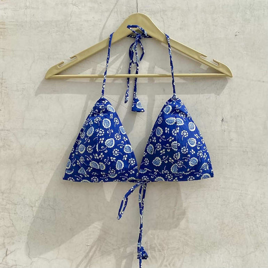 Blue Jaal Hand block Halter Removable Pads Bralette - KJ10182