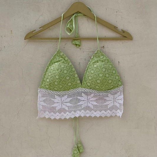 Green Chikan Lace Cotton Bralette Removable Pads - KJ10183