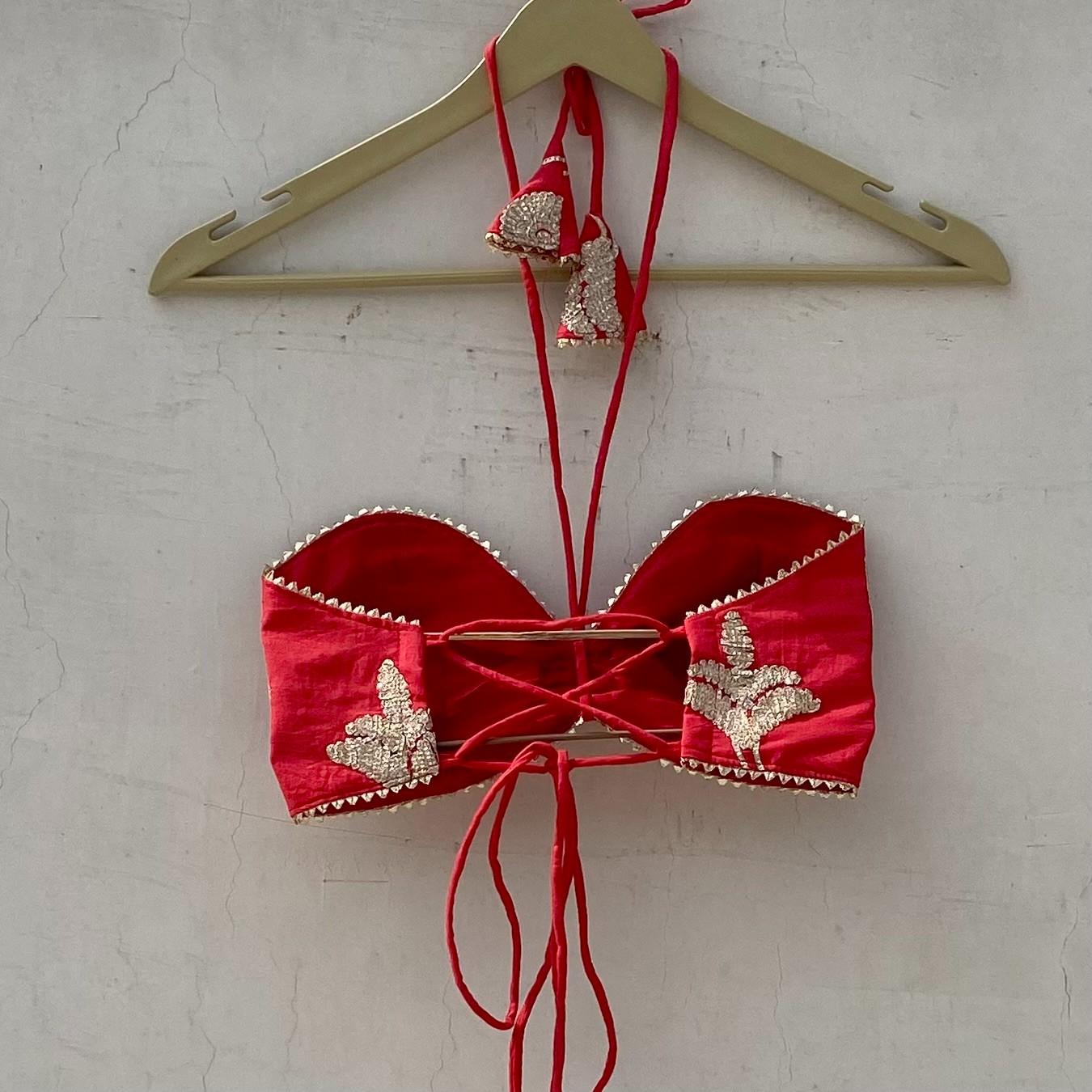Red Gotta Embroidery Halterneck Bralette Removable Pads - KJ10185
