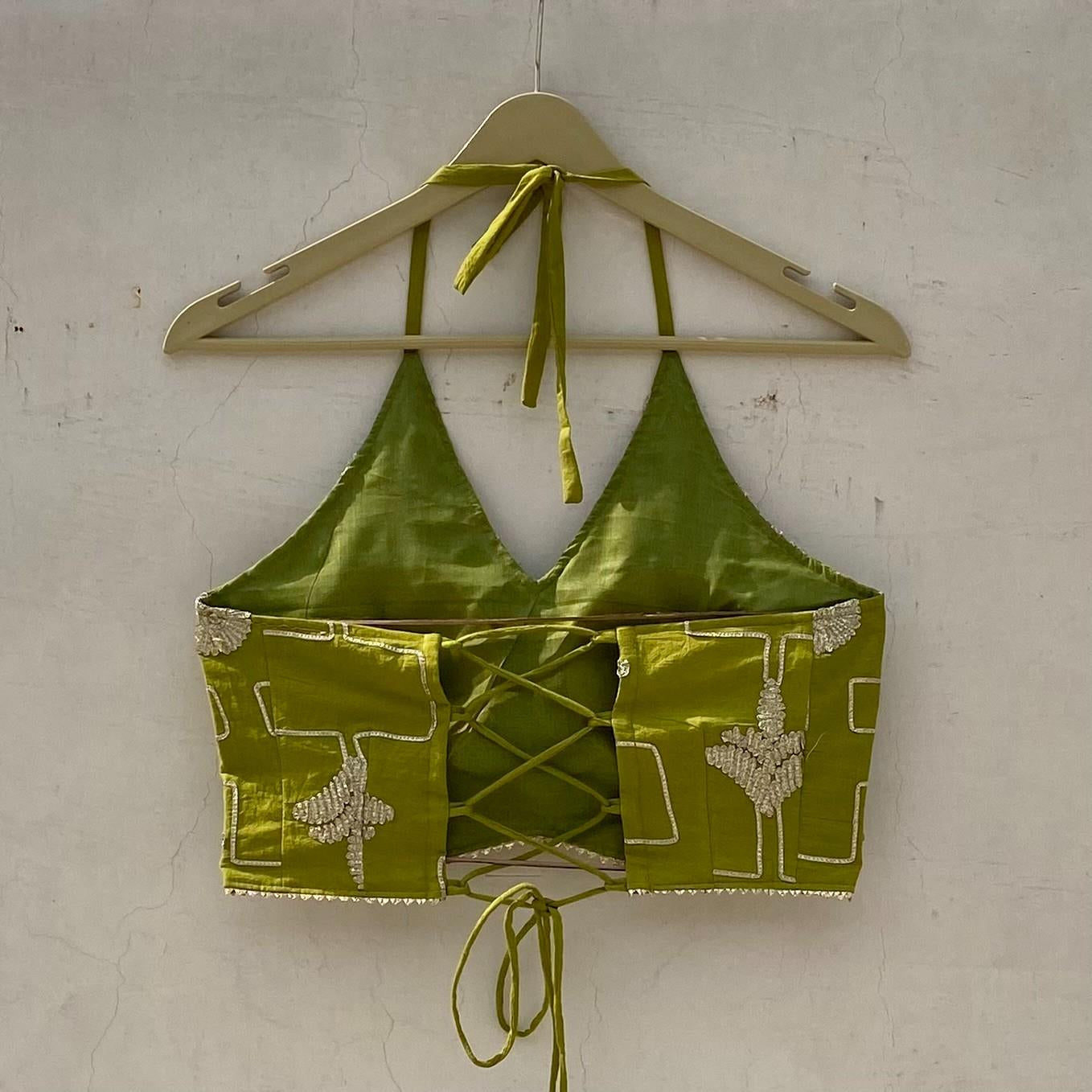 Olive Green Gotta Embroidery Halterneck Criss Cross Removable Pads Top - KJ10186
