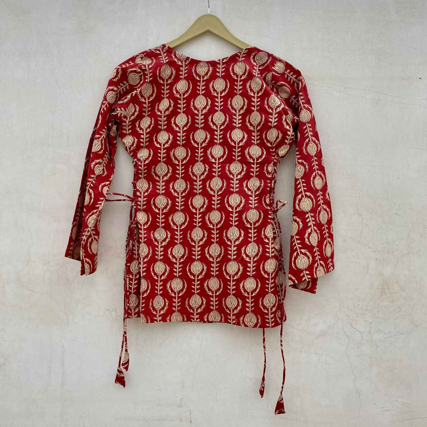 Red Rust Handblock Side Criss Cross Kurti Top - KJ10089