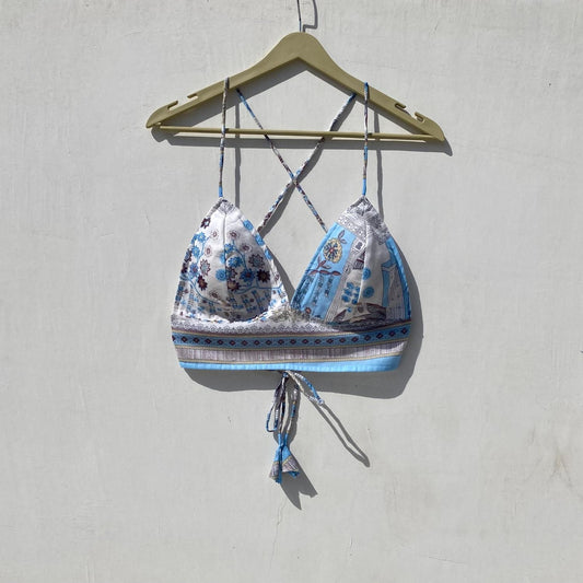 White Blue Floral Removable Pads Bra - KJ10043