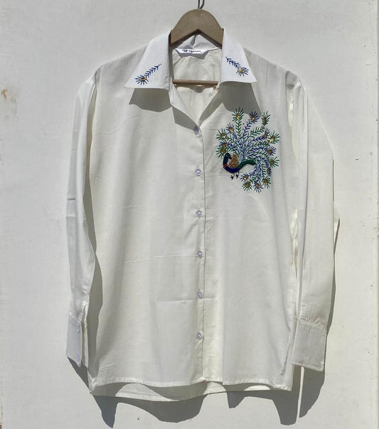 White Peacock Handwork Slub Women Shirt - KJ0917