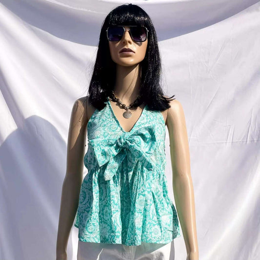Cyan Jaal Halter Neck and Front Knot Cotton Top - KJ0055