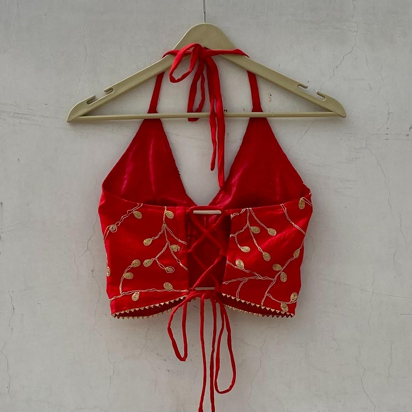 Red Piton Embroidery Halterneck Criss Cross Removable Pads Top - KJ10187