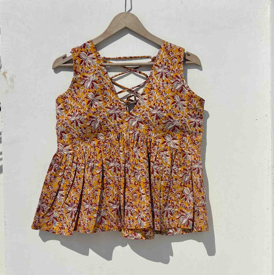 Mustard Kalamkari Deep Neck Cutsleeves Removable Pads Cotton Top - KJ0904