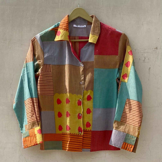 Multicolor Stripe Boxes Women Shirt - KJ10189