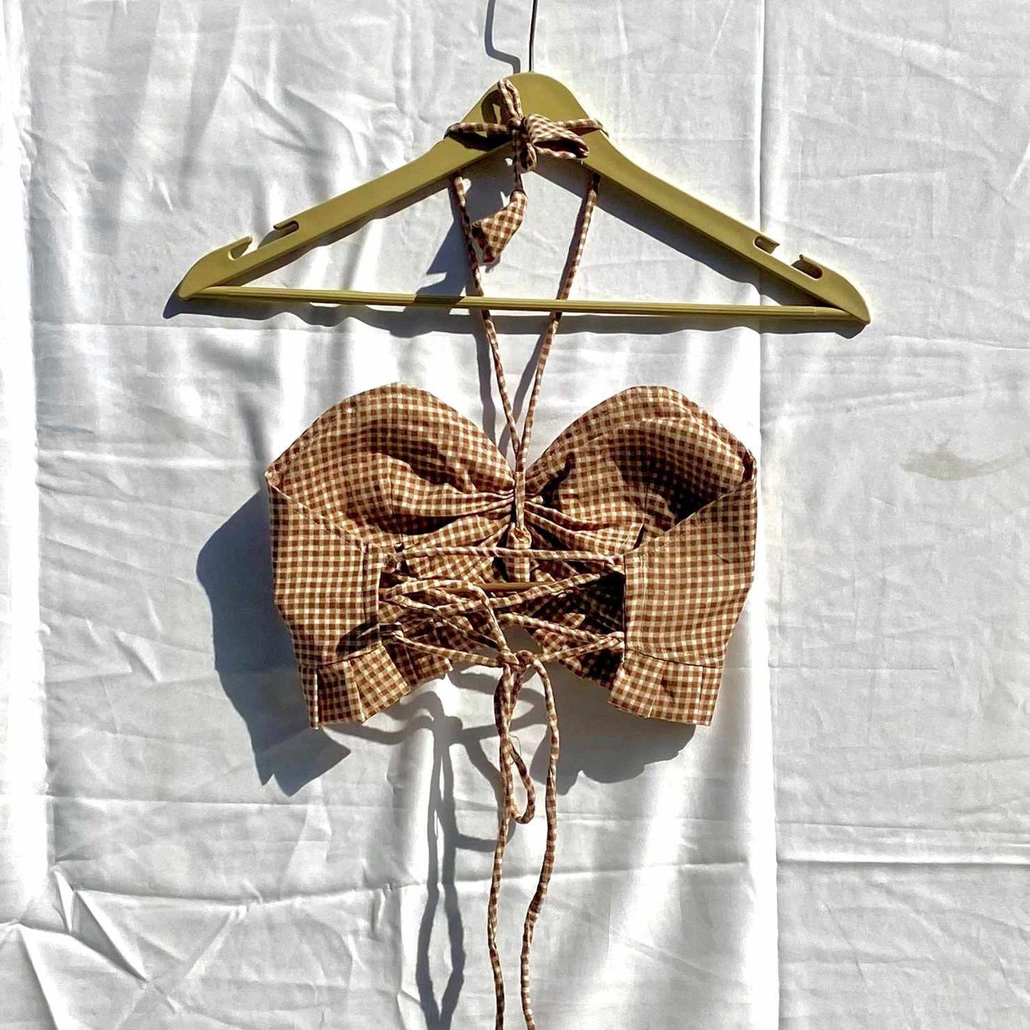 Cream Brown Checks Frill Halter Neck Removable Pads Top - KJ10265