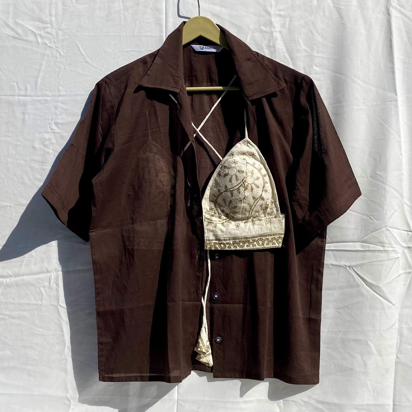 Brown Mul Shirt and Hakoba Chikan Bra Combo - KJ10281