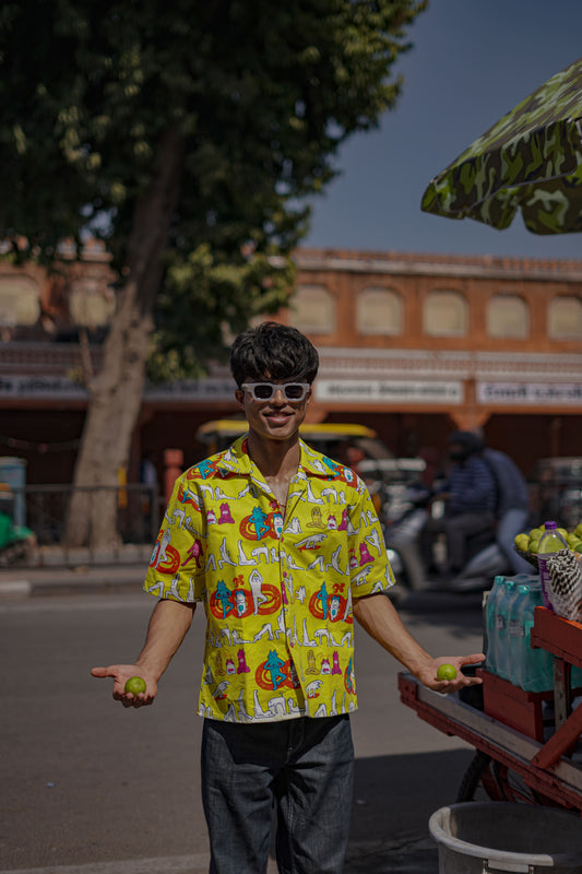 Yellow printed denim shirt- AA0951