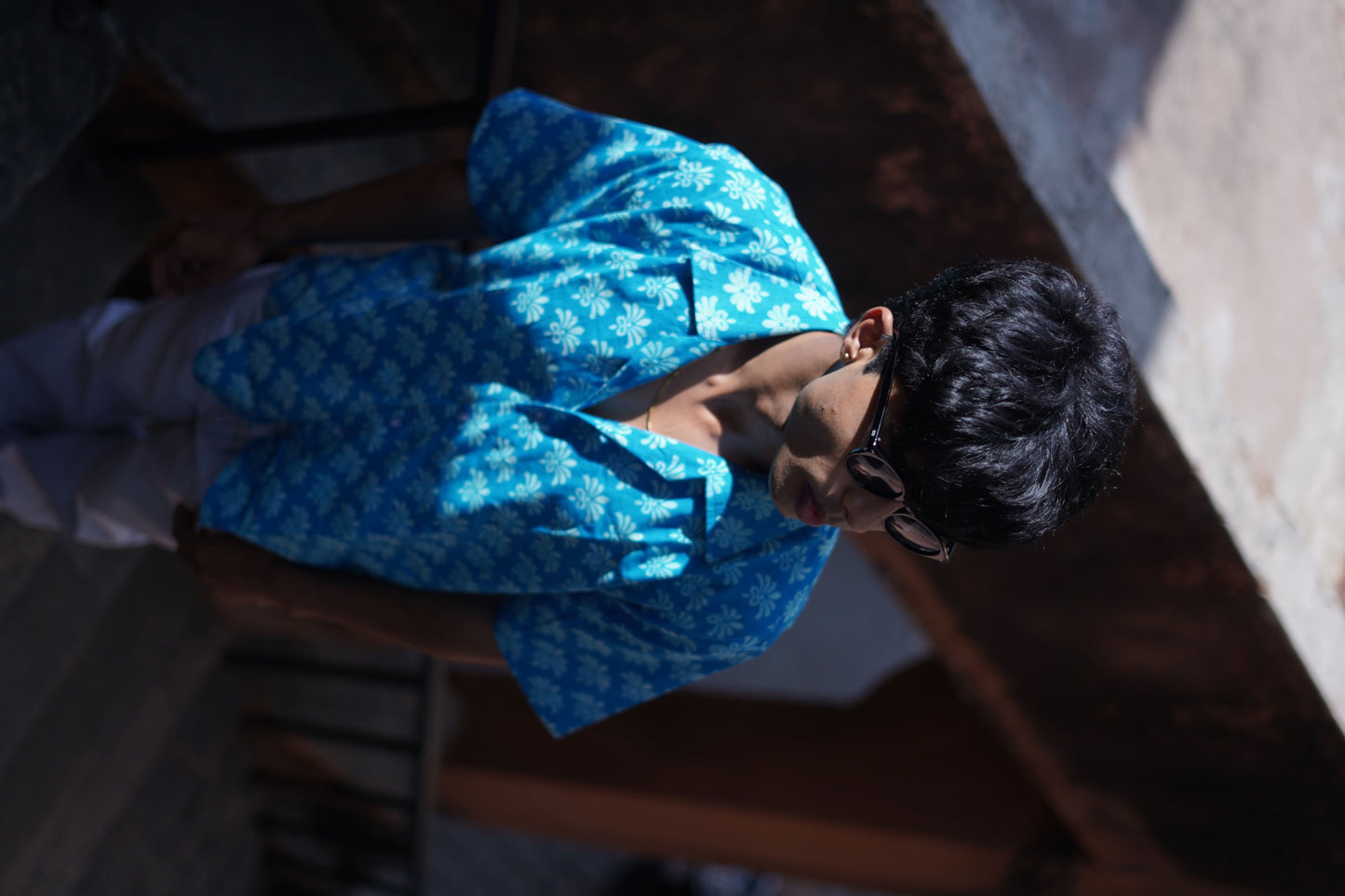 Blue Cotton Handblock Shirt - AA0958
