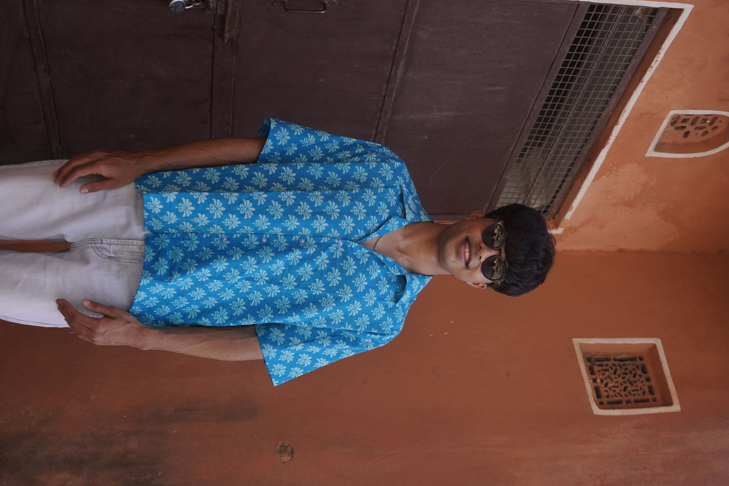 Blue Cotton Handblock Shirt - AA0958