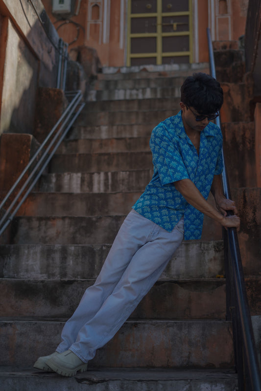 Blue Cotton Handblock Shirt - AA0958
