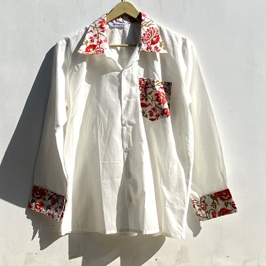 White Red Floral Patch Cotton Women Shirt - KJ0399A